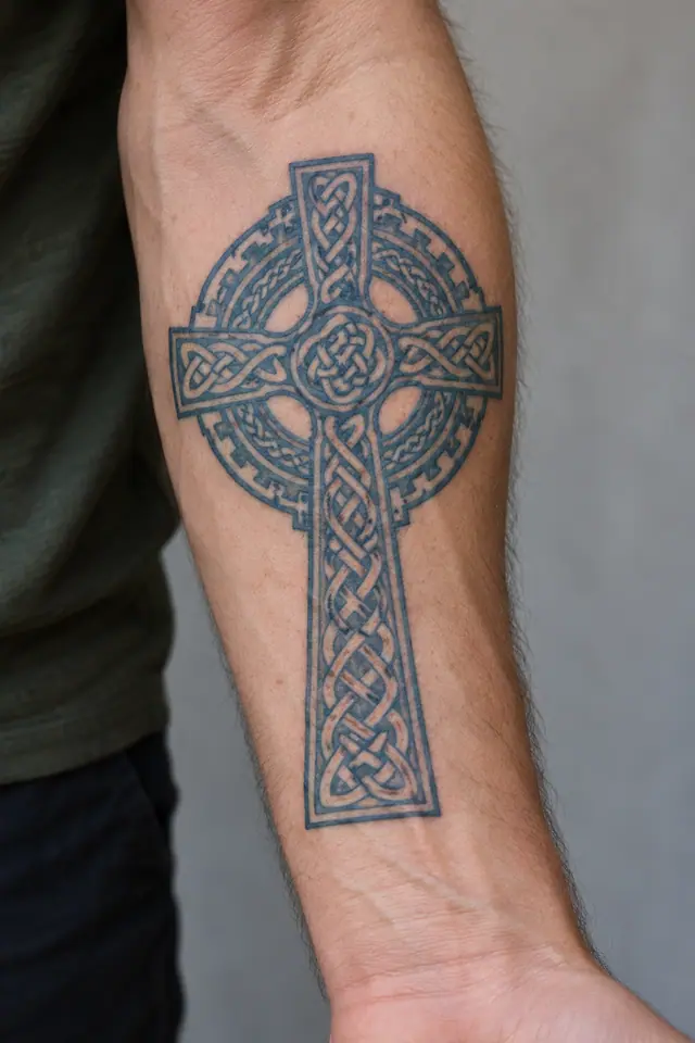 Woad blue Celtic cross tattoo on the forearm