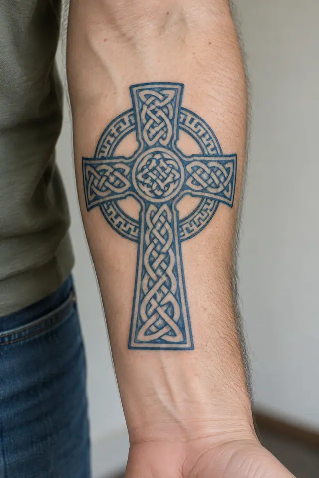 Woad blue Celtic cross tattoo on the forearm