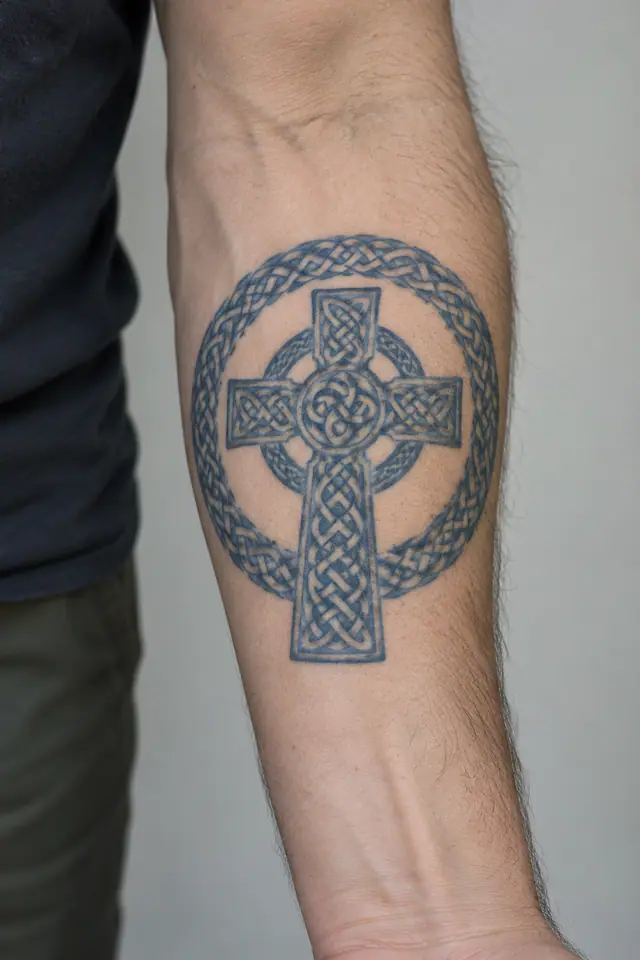 Woad blue Celtic cross tattoo on the forearm