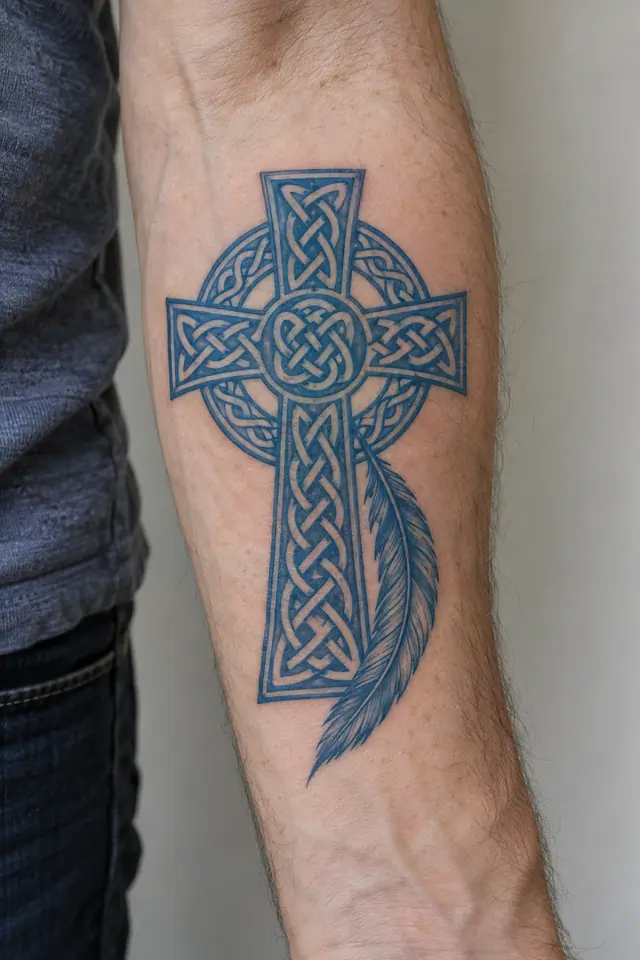 Woad blue Celtic cross tattoo on the forearm