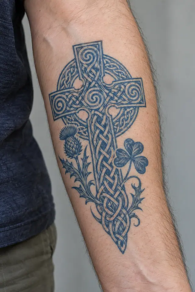Woad blue Celtic cross tattoo on the forearm