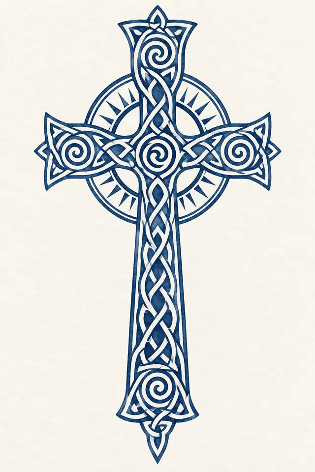 Woad blue Celtic cross tattoo design for the forearm