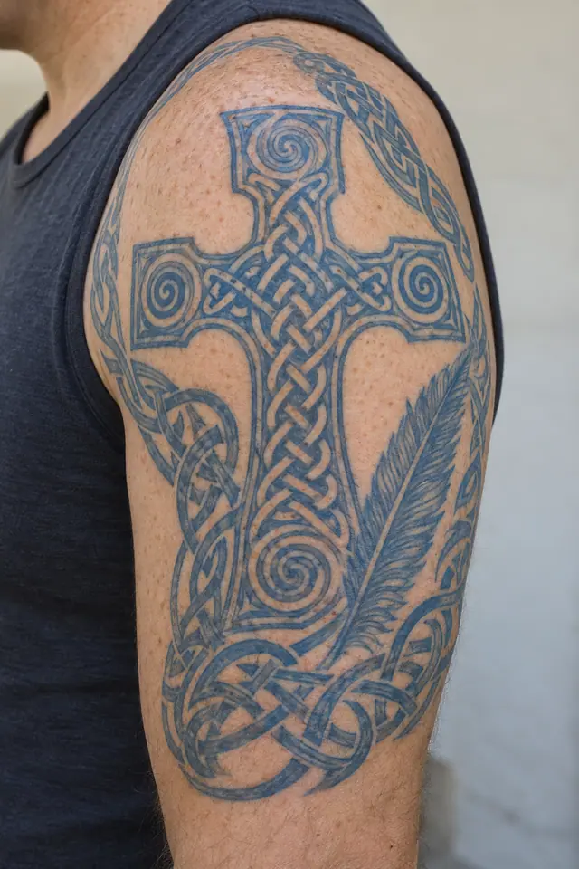 Woad blue Celtic cross tattoo on the upper arm (half sleeve)
