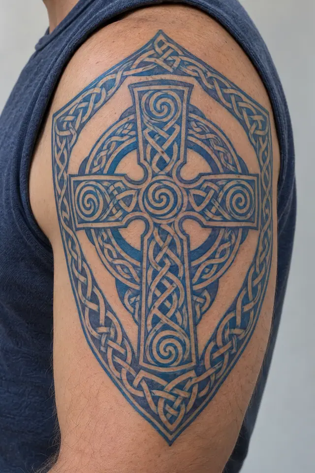 Woad blue Celtic cross tattoo on the upper arm (half sleeve)