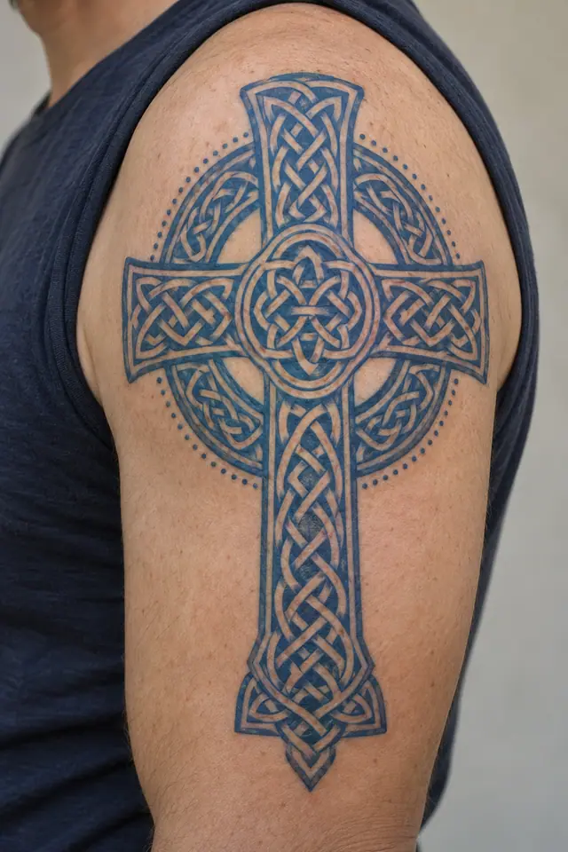 Woad blue Celtic cross tattoo on the upper arm (half sleeve)