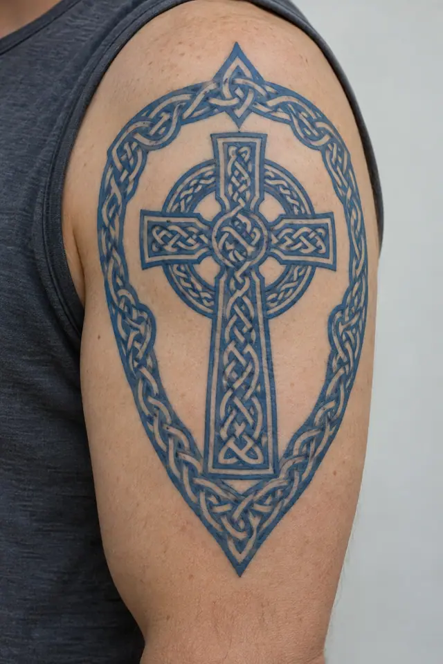 Woad blue Celtic cross tattoo on the upper arm (half sleeve)