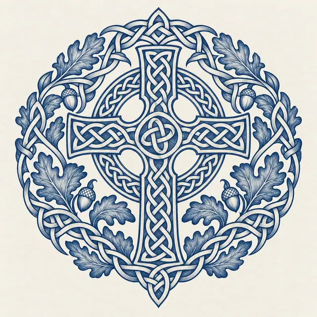 Woad blue Celtic cross tattoo design for the shoulder