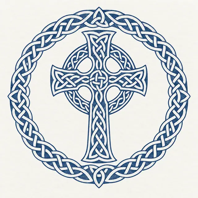 Woad blue Celtic cross tattoo design for the shoulder