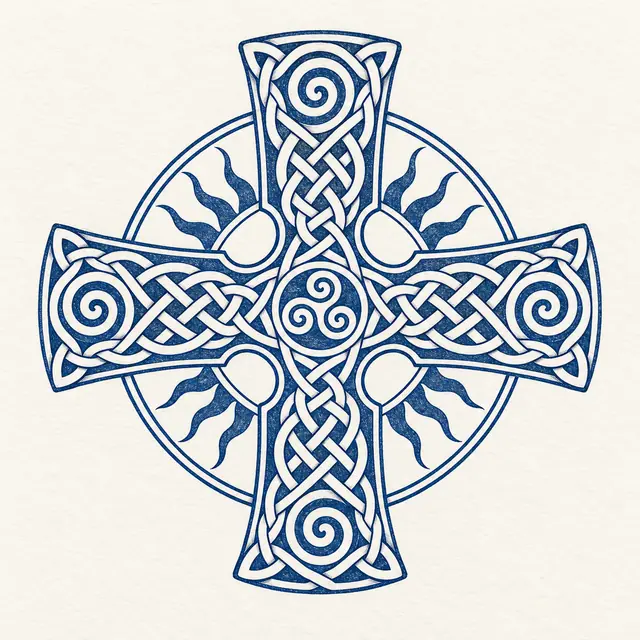 Woad blue Celtic cross tattoo design for the shoulder