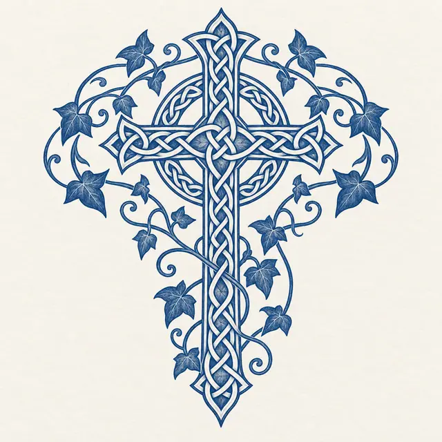 Woad blue Celtic cross tattoo design for the shoulder