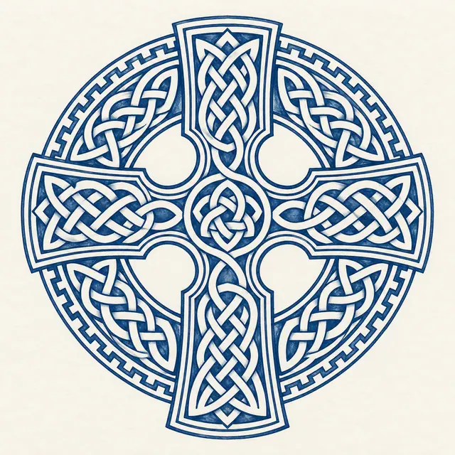 Woad blue Celtic cross tattoo design for the shoulder