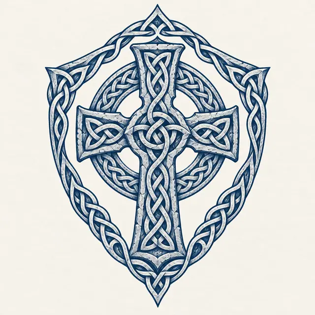 Woad blue Celtic cross tattoo design for the upper back