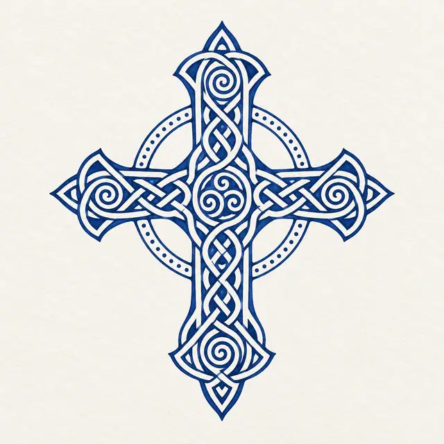 Woad blue Celtic cross tattoo design for the upper back