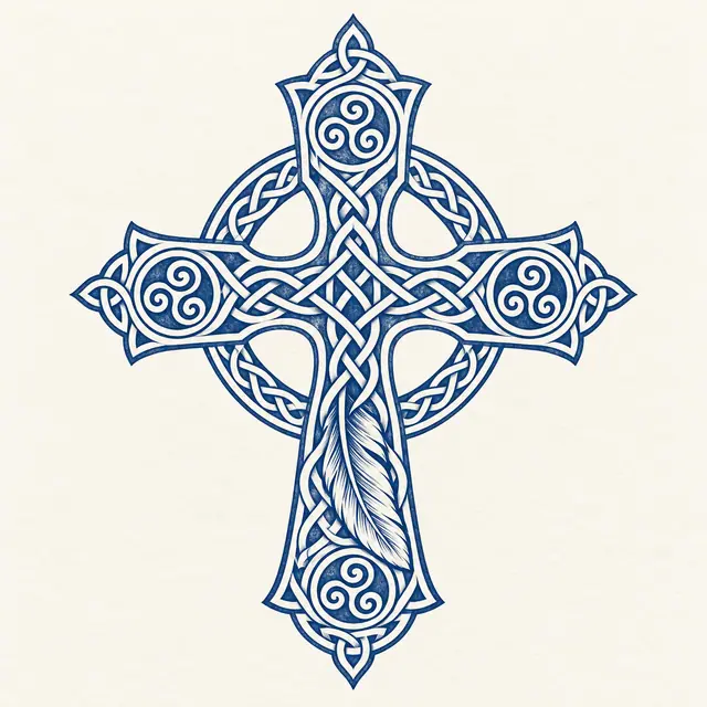 Woad blue Celtic cross tattoo design for the upper back