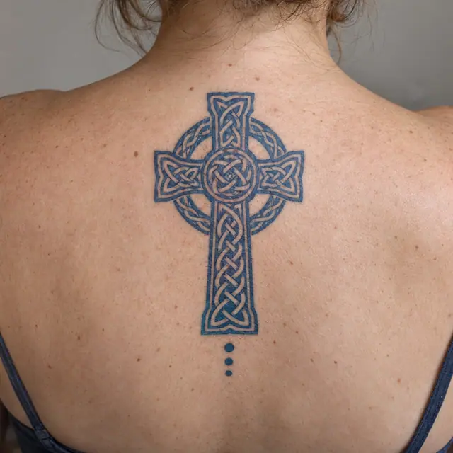 Woad blue Celtic cross tattoo on the upper back
