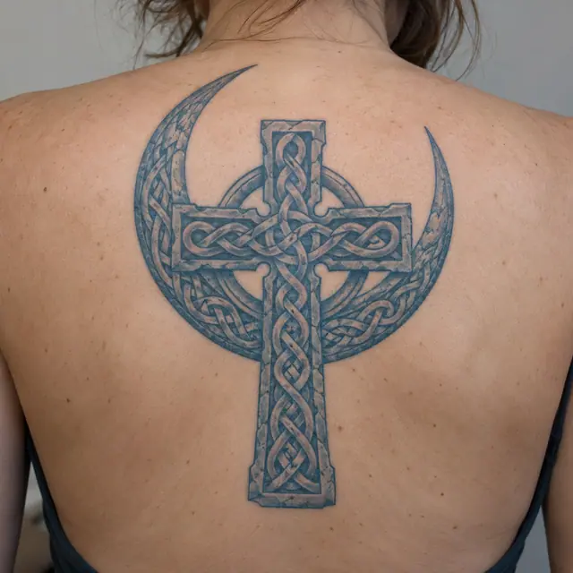 Woad blue Celtic cross tattoo on the upper back