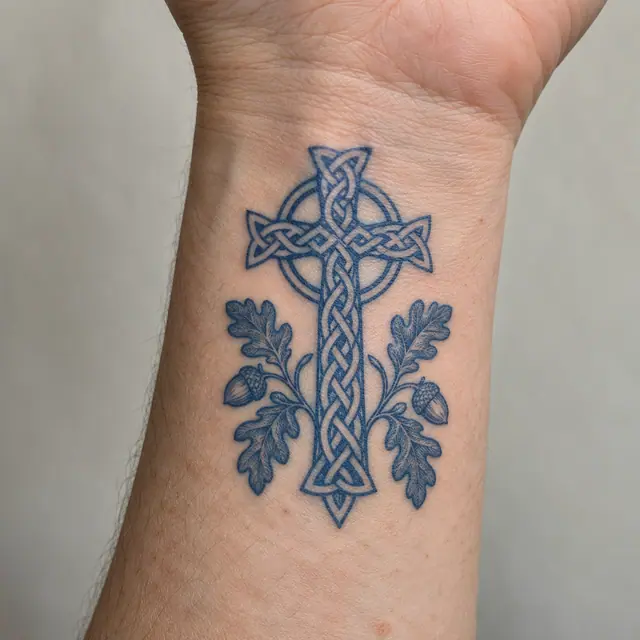 Woad blue Celtic cross tattoo on the wrist