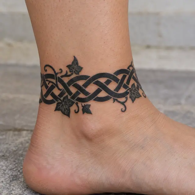 Blackwork Celtic knot tattoo on the ankle