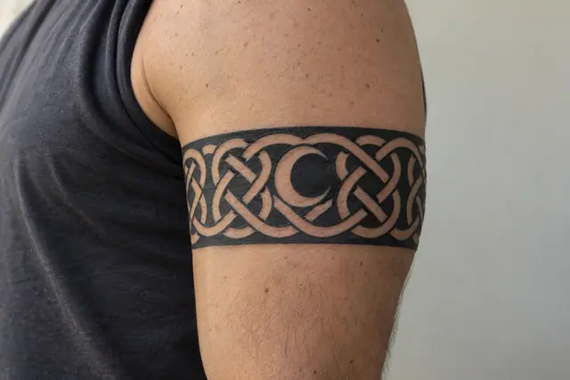 Blackwork Celtic knot tattoo on the arm (armband)