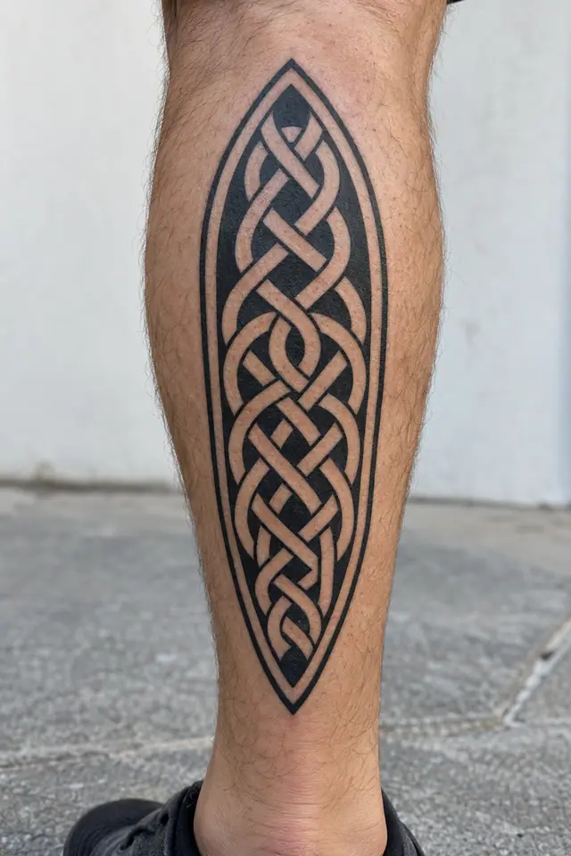 Blackwork Celtic knot tattoo on the calf