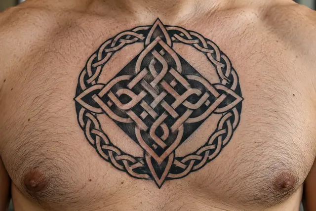 Blackwork Celtic knot tattoo on the chest