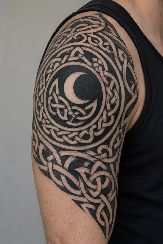 Blackwork Celtic knot tattoo on the upper arm (half sleeve)