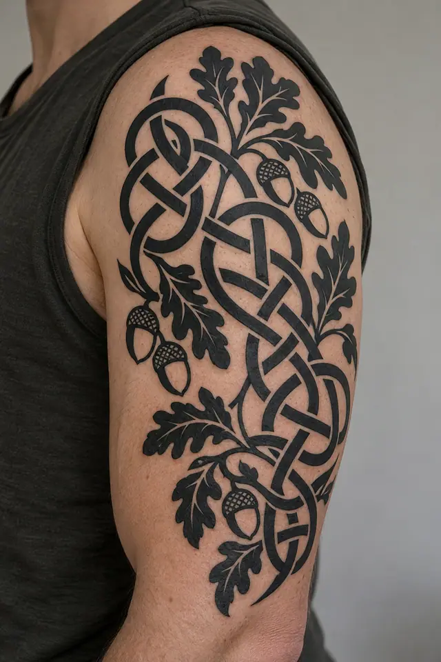Blackwork Celtic knot tattoo on the upper arm (half sleeve)