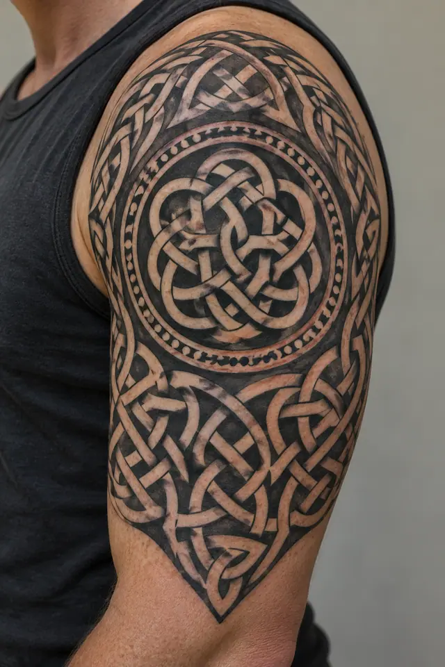 Blackwork Celtic knot tattoo on the upper arm (half sleeve)