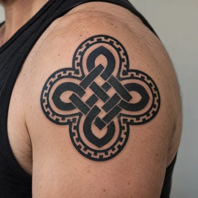 Blackwork Celtic knot tattoo on the shoulder