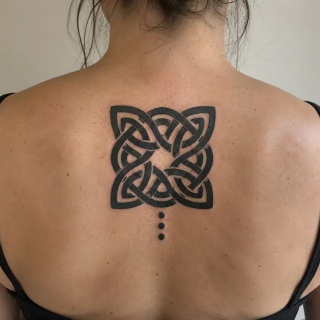 Blackwork Celtic knot tattoo on the upper back