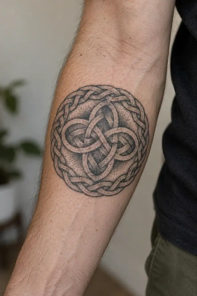 Dotwork Celtic knot tattoo on the forearm