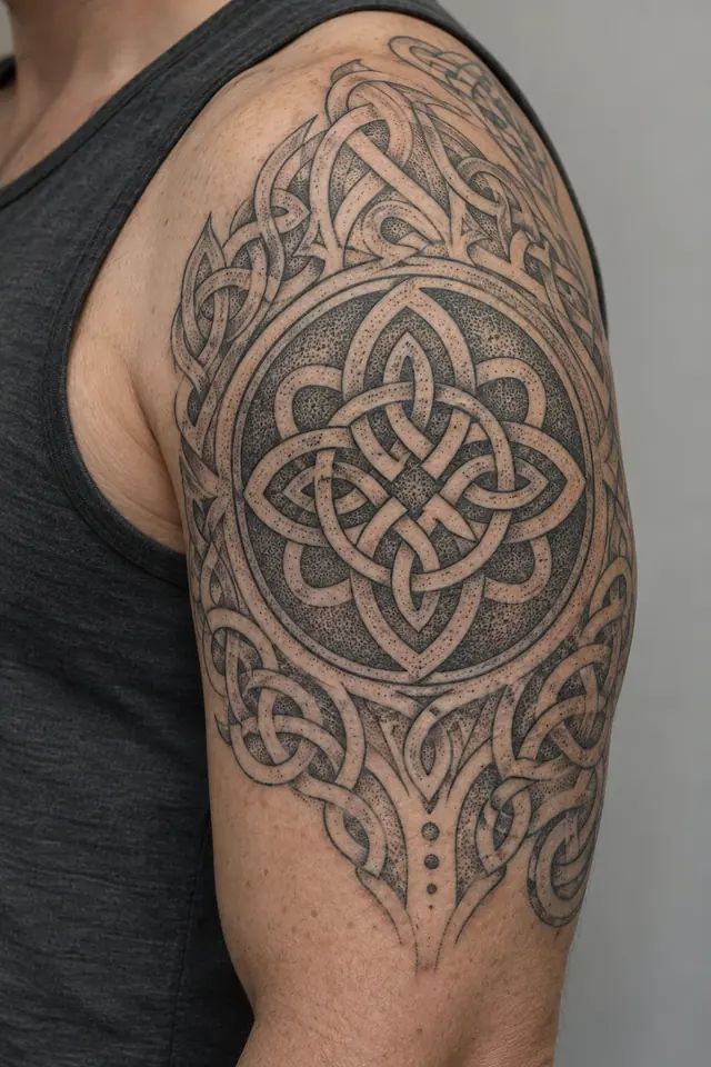 Dotwork Celtic knot tattoo on the upper arm (half sleeve)