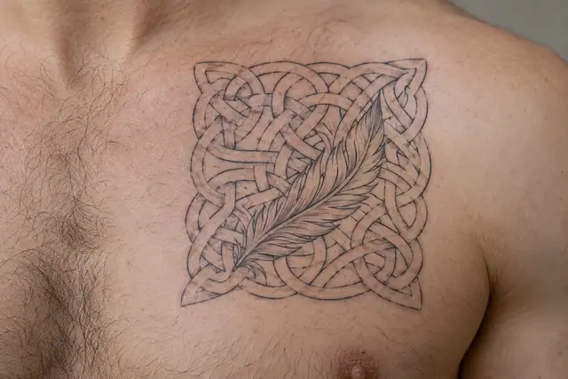 Fine-line Celtic knot tattoo on the chest