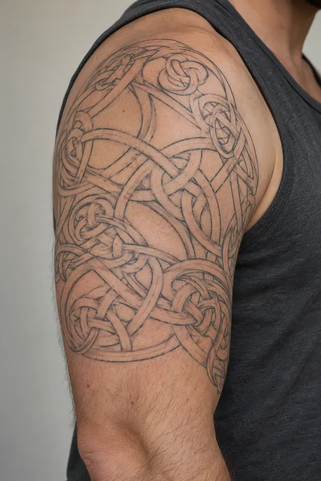 Fine-line Celtic knot tattoo on the upper arm (half sleeve)