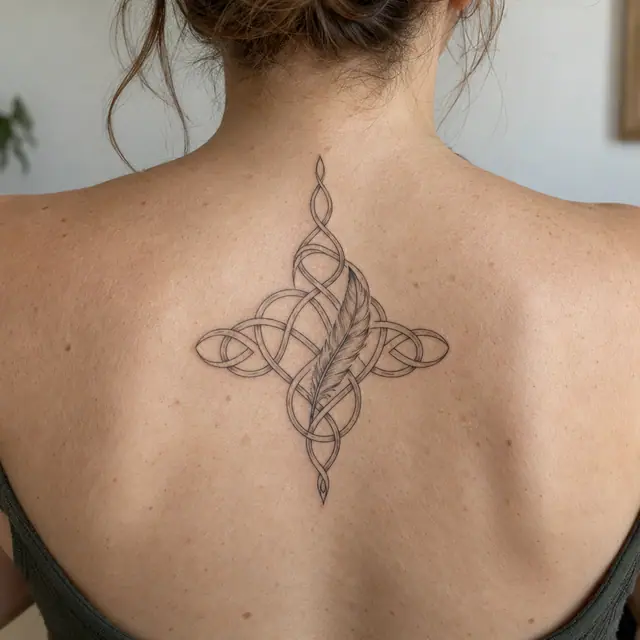 Fine-line Celtic knot tattoo on the upper back