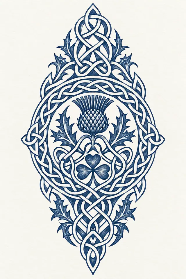 Woad blue Celtic knot tattoo design for the calf