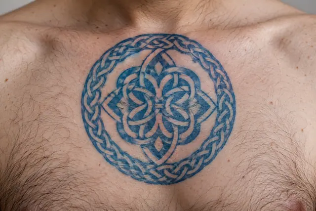 Woad blue Celtic knot tattoo on the chest
