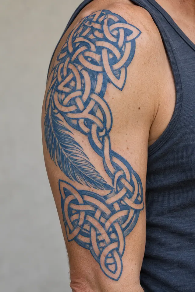 Woad blue Celtic knot tattoo on the upper arm (half sleeve)