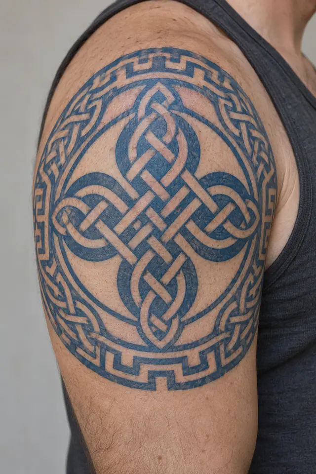Woad blue Celtic knot tattoo on the upper arm (half sleeve)