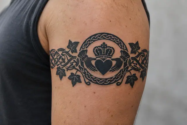 Blackwork Claddagh tattoo on the arm (armband)