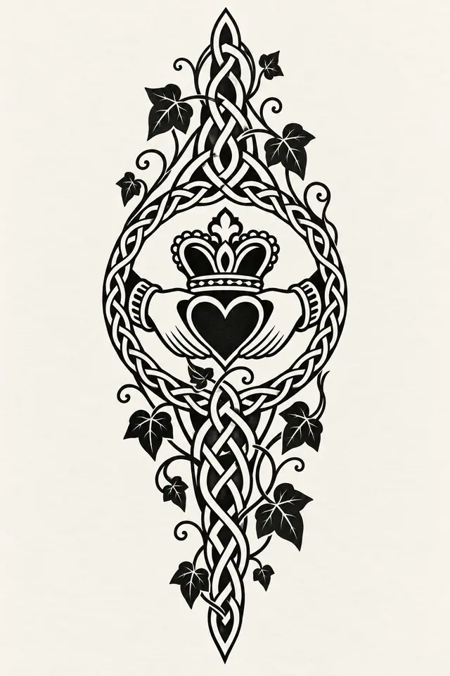 Blackwork Claddagh tattoo design for the calf
