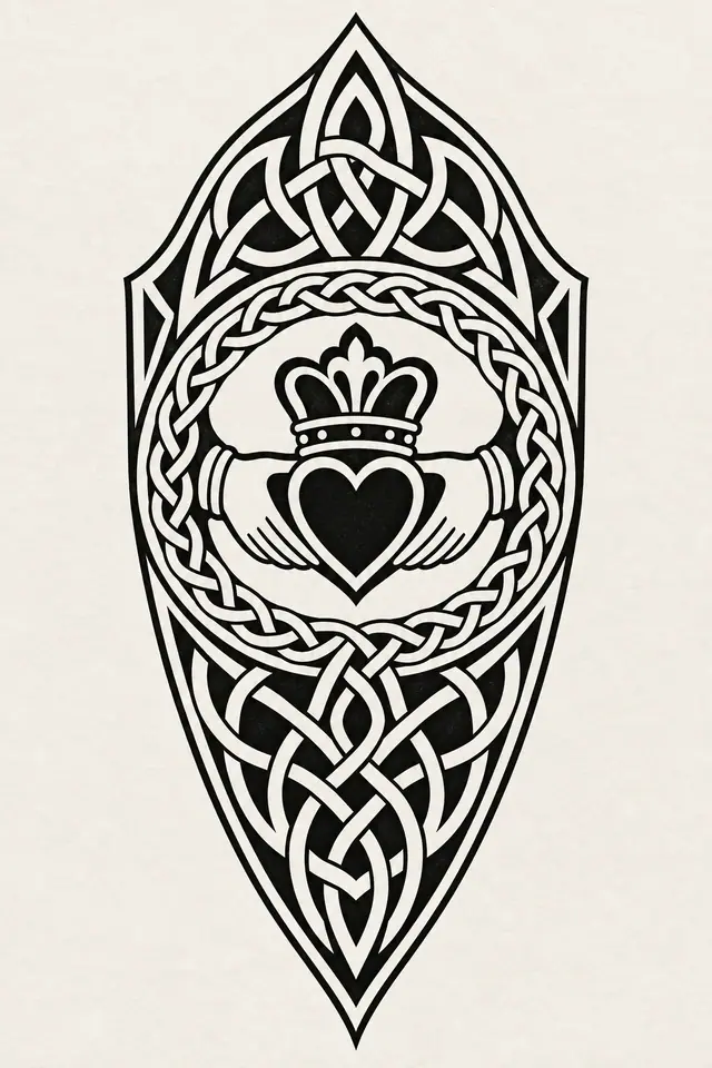 Blackwork Claddagh tattoo design for the calf