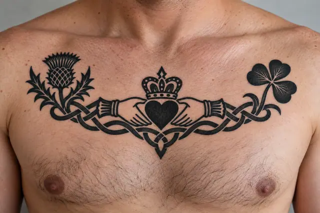 Blackwork Claddagh tattoo on the chest