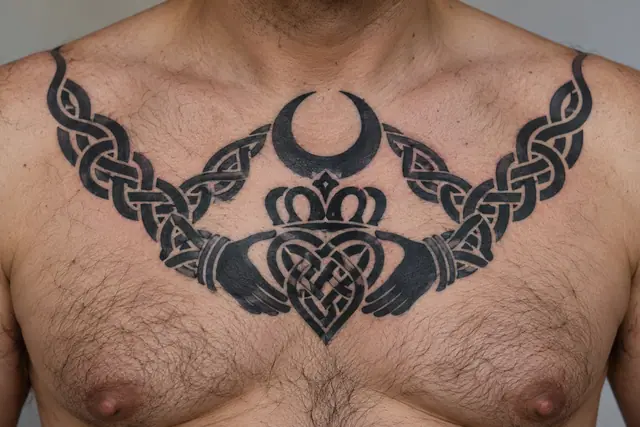 Blackwork Claddagh tattoo on the chest