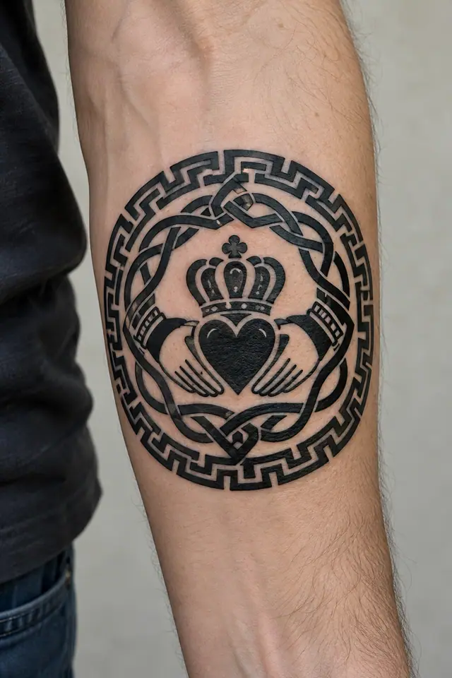 Blackwork Claddagh tattoo on the forearm