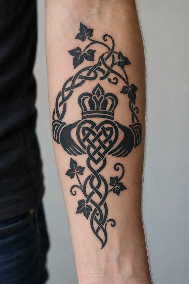 Blackwork Claddagh tattoo on the forearm