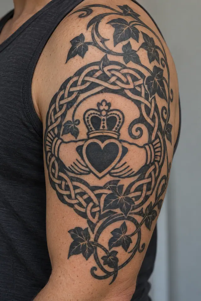 Blackwork Claddagh tattoo on the upper arm (half sleeve)