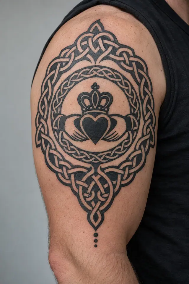 Blackwork Claddagh tattoo on the upper arm (half sleeve)