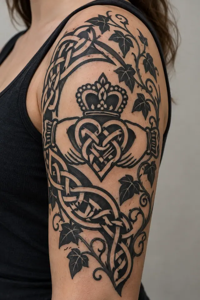 Blackwork Claddagh tattoo on the upper arm (half sleeve)