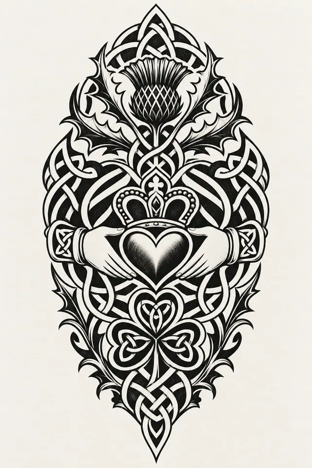 Blackwork Claddagh tattoo design for the upper arm (half sleeve)